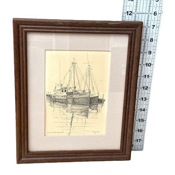 Clark M Goff 1974 Pen Ink Art Gloucester MA Draggers Harbor Scene Vintage - Picture 2 of 5